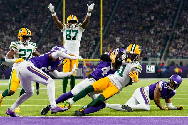 Green Bay Packers’ Jayden Reed gets into the end zone after a catch (Abbie Parr/AP)