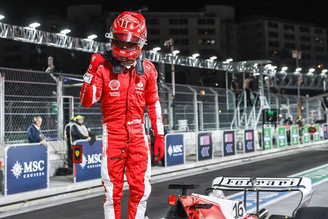 <p>Charles Leclerc celebrates after winning pole in Las Vegas</p>