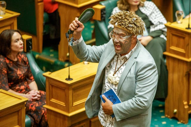 <p>Te Pati Maori co-leader Rawiri Waiti gestures during the swearing-in ceremony at Parliament in Wellington on Tuesday </p>