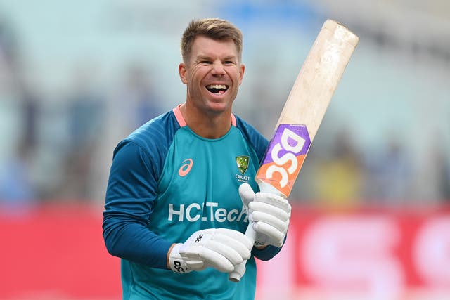 <p>David Warner of Australia reacts during warm up prior to the ICC Men's Cricket World Cup India 2023</p>