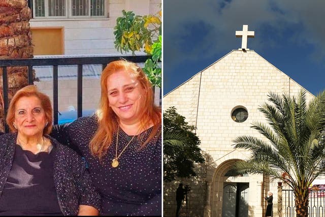 <p>Nahida Anton (left) and her daughter Samar were shot in the courtyard of the Holy Family Church in Gaza City </p>