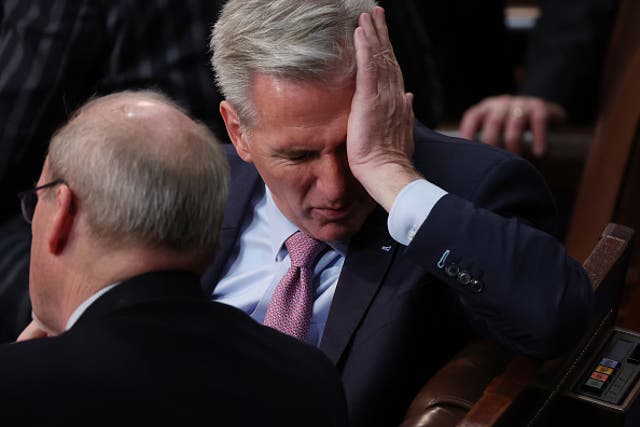 <p>House Republican Leader Kevin McCarthy (R-CA) rubs his face during the fourth day of elections for Speaker of the House at the U.S. Capitol Building on January 06, 2023 </p>