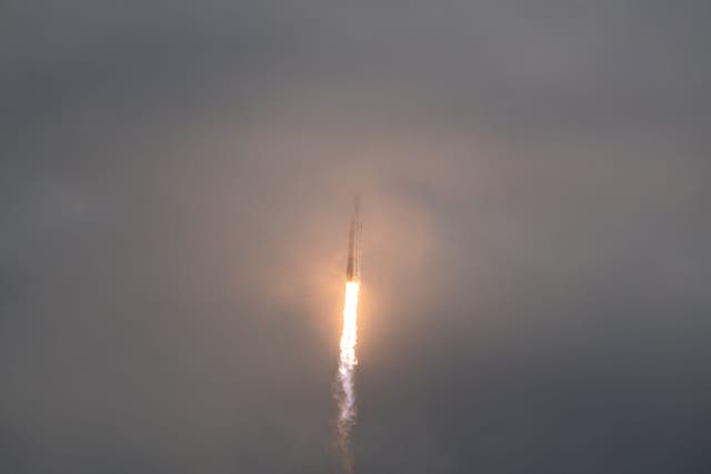 <p>A SpaceX Falcon Heavy rocket with the Psyche spacecraft launches from NASA’s Kennedy Space Center in Cape Canaveral, Florida, on October 13, 2023</p>