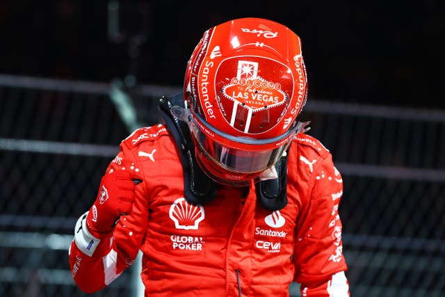 <p>Charles Leclerc celebrates his qualification to the Las Vegas Grand Prix </p>
