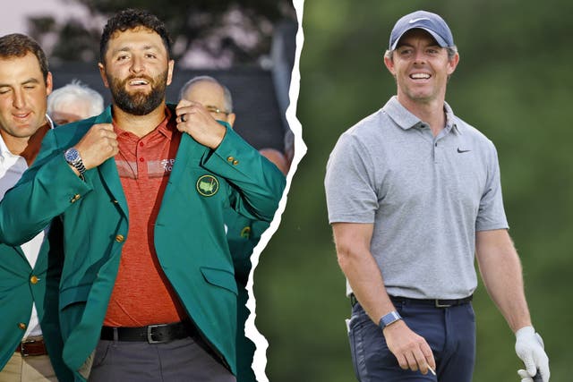 <p>Jon Rahm, left, has announced he is joining the LIV Tour on a contract reckoned to be worth $450m (£358m), while  Rory McIlroy, right, remains with the PGA Tour</p>