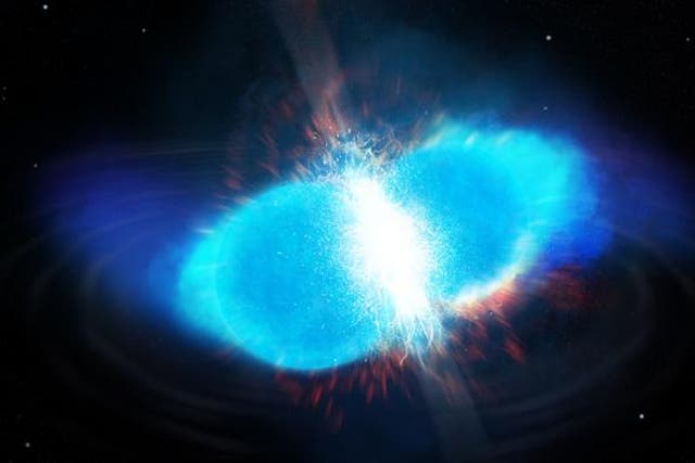 <p>Image shows two neutron stars colliding to releasing neutrons that radioactive nuclei rapidly capture. The combination of neutron capture and radioactive decay produces subsequently heavier elements.</p>