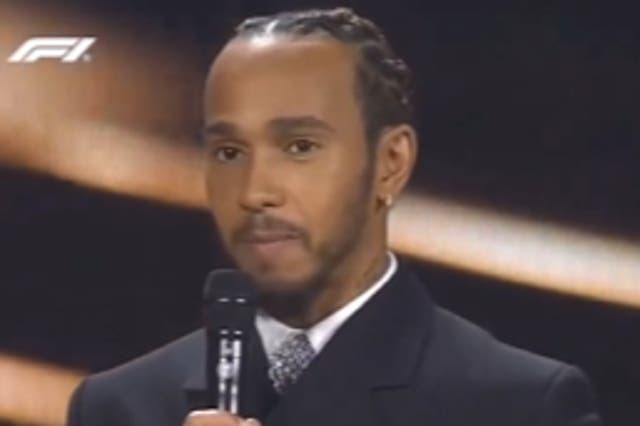 <p>Lewis Hamilton at the 2023 FIA’s prize-giving ceremony in Baku</p>