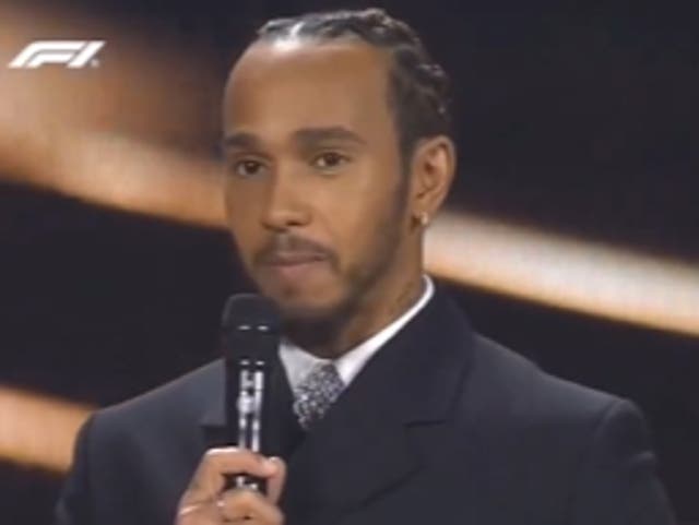 <p>Lewis Hamilton at the 2023 FIA’s prize-giving ceremony in Baku</p>