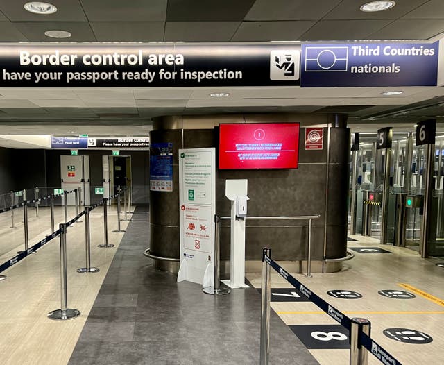 <p>Cross purposes: A frontier control point at Fiumicino airport in Rome</p>