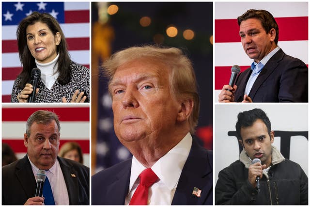 <p>The 2024 Republican candidates (top left: Nikki Haley, bottom left: Chris Christie, top right: Ron DeSantis, bottom right: Vivek Ramaswamy) criticised the Maine decision disqualifying Donald Trump (centre) from the state’s ballot</p>
