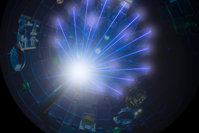 <p>NIF’s 192 high-energy laser beams converge on a frozen hydrogen fuel pellet to spark a thermonuclear fusion reaction</p>